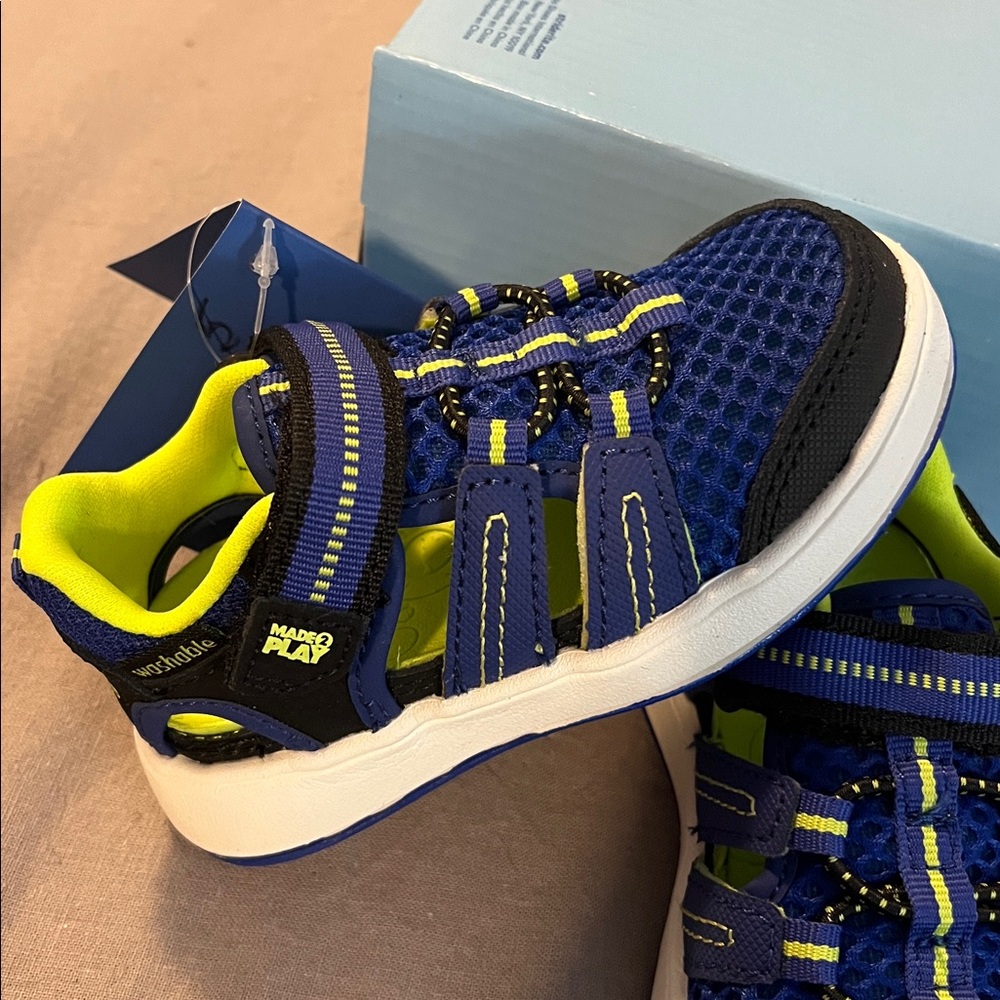 🆕 Stride Rite Little Kids m2p Seaton, Blue and Neon Green Sport Sandals, size 5M - Picture 3 of 7